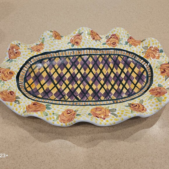 RARE MACKENZIE CHILDS FLUTED TAYLOR ODD FELLOWS ARGYLE CERAMIC PLATE TRAY DISH - Picture 1 of 16